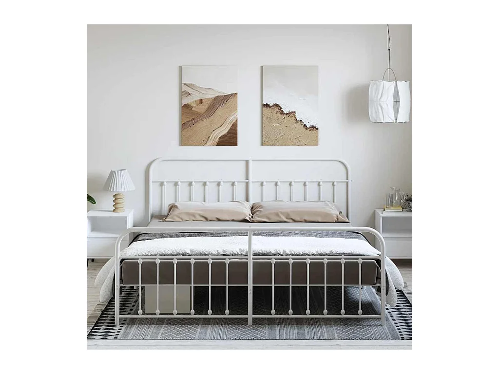 Cadre de lit métal sans matelas et pied de lit blanc 183x213 cm