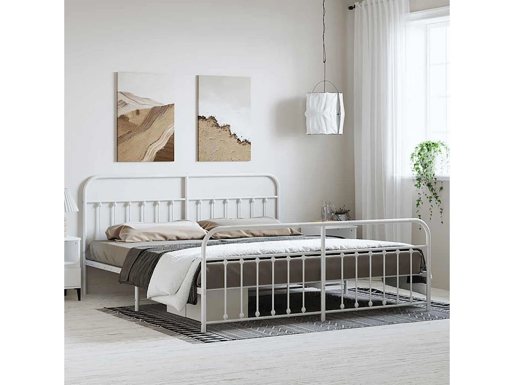Cadre de lit métal sans matelas et pied de lit blanc 183x213 cm