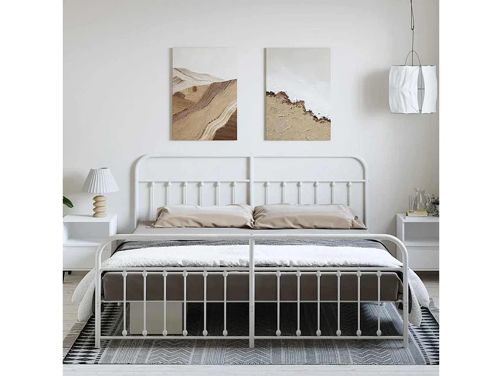 Cadre de lit métal sans matelas et pied de lit blanc 183x213 cm