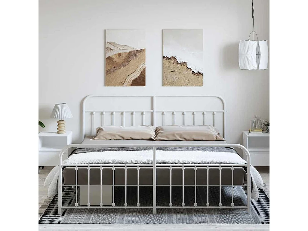 Cadre de lit métal sans matelas et pied de lit blanc 183x213 cm
