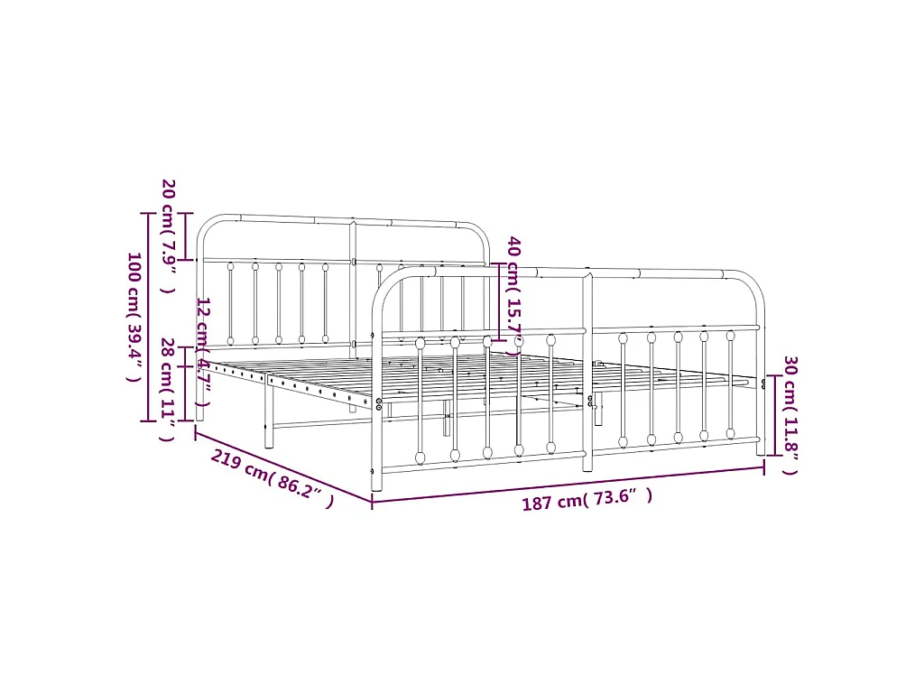 Cadre de lit métal sans matelas et pied de lit blanc 183x213 cm