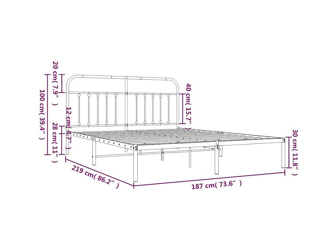 Cadre de lit métal sans matelas avec tête de lit noir 183x213cm