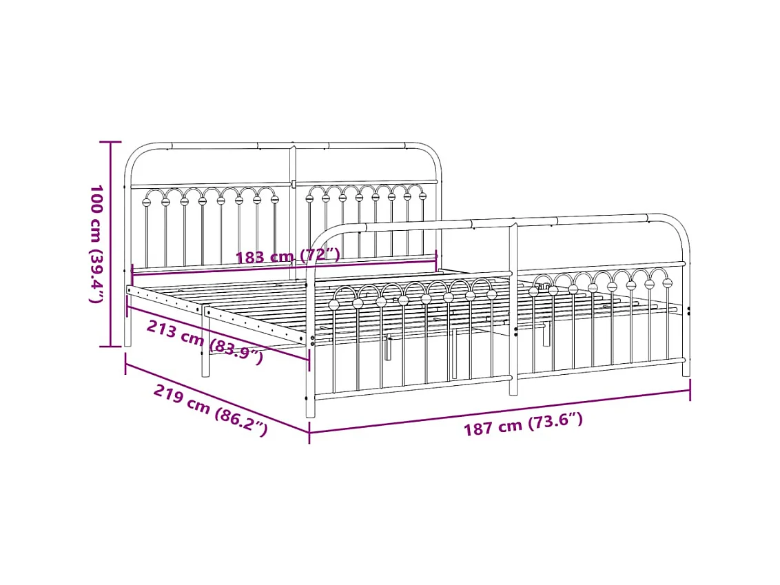 Cadre de lit métal sans matelas et pied de lit blanc 183x213 cm