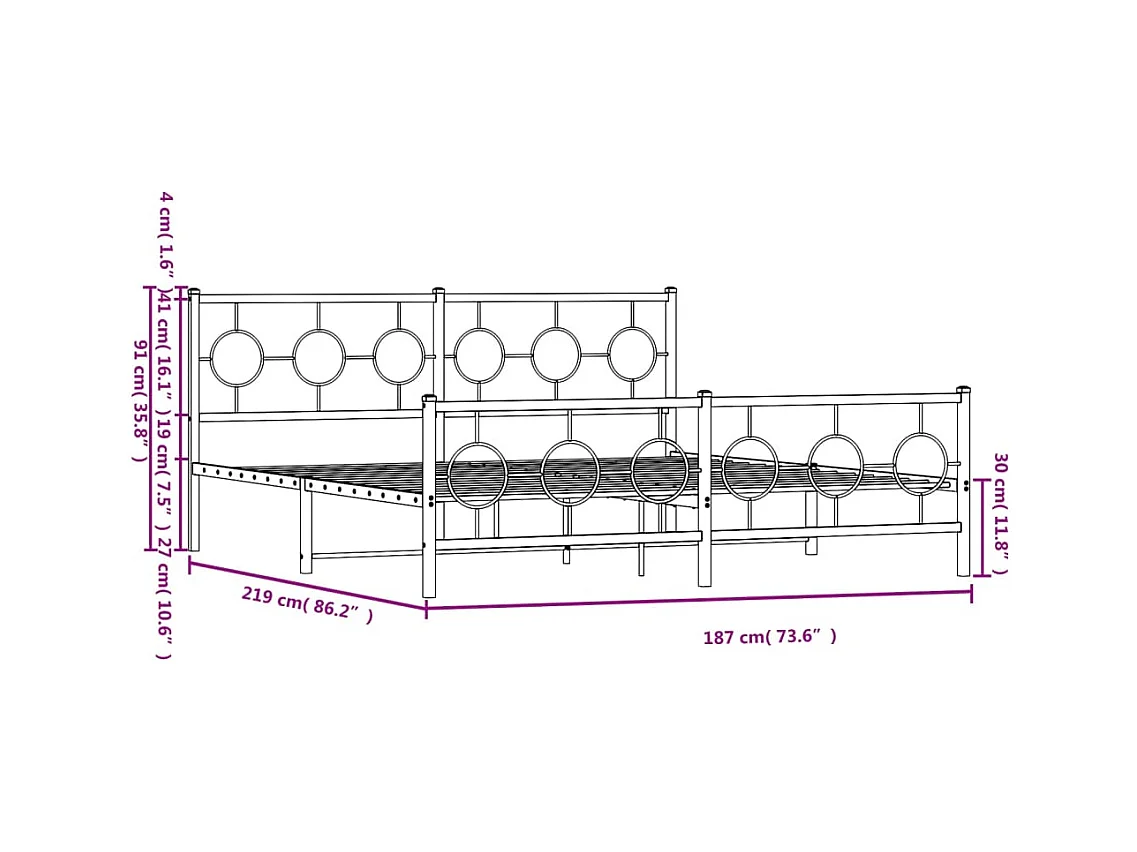 Cadre de lit métal sans matelas avec pied de lit noir 183x213cm