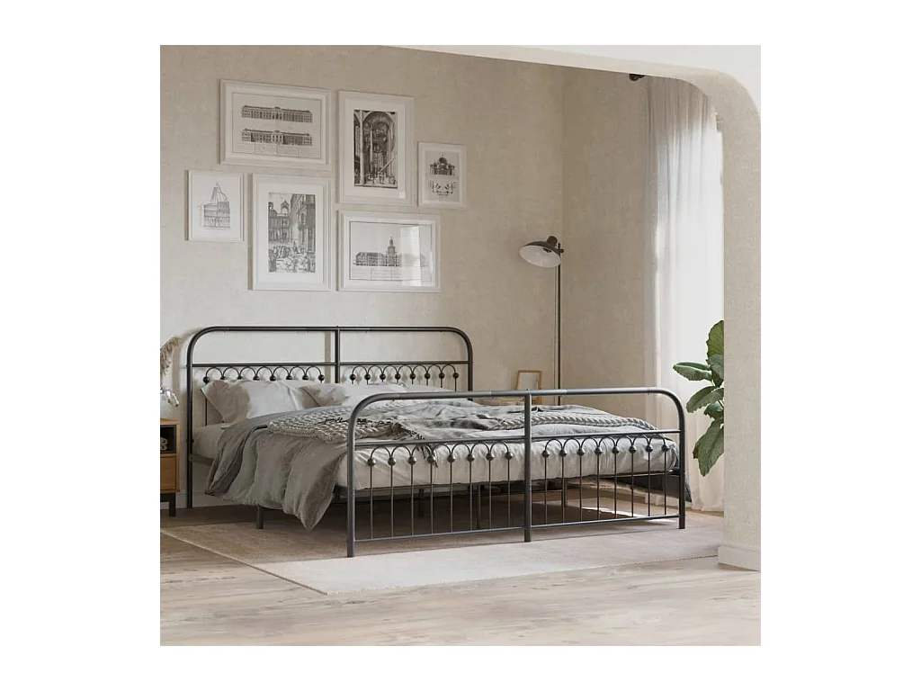 Cadre de lit métal sans matelas avec pied de lit noir 183x203cm