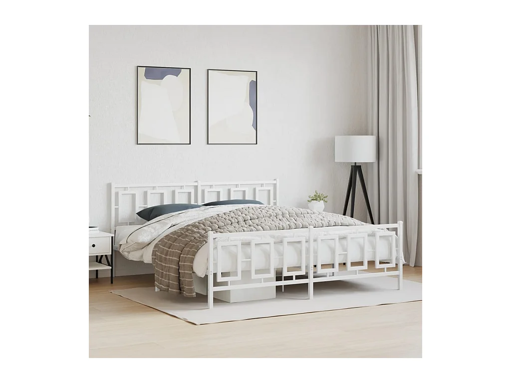 Cadre de lit métal sans matelas et pied de lit blanc 183x213 cm