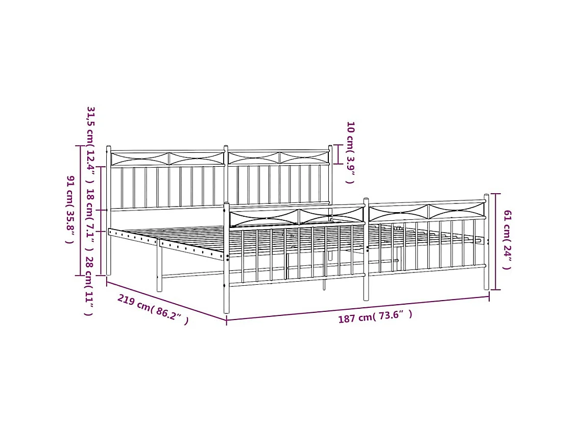 Cadre de lit métal sans matelas et pied de lit blanc 183x213 cm