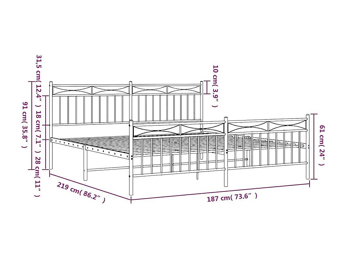Cadre de lit métal sans matelas et pied de lit blanc 183x213 cm