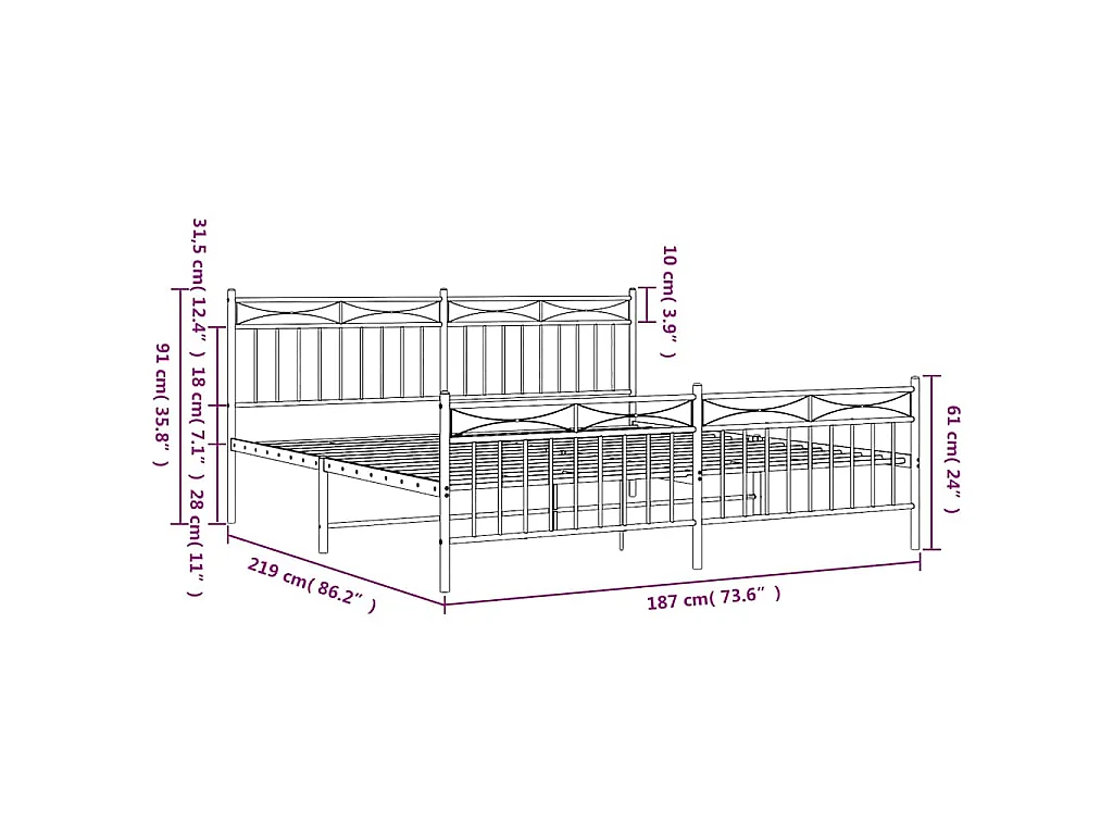 Cadre de lit métal sans matelas et pied de lit blanc 183x213 cm