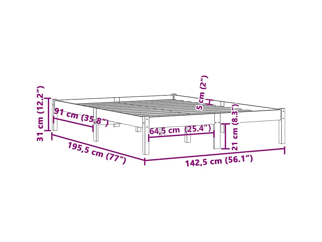 Cadre de lit sans matelas 137x190 cm bois massif de pin