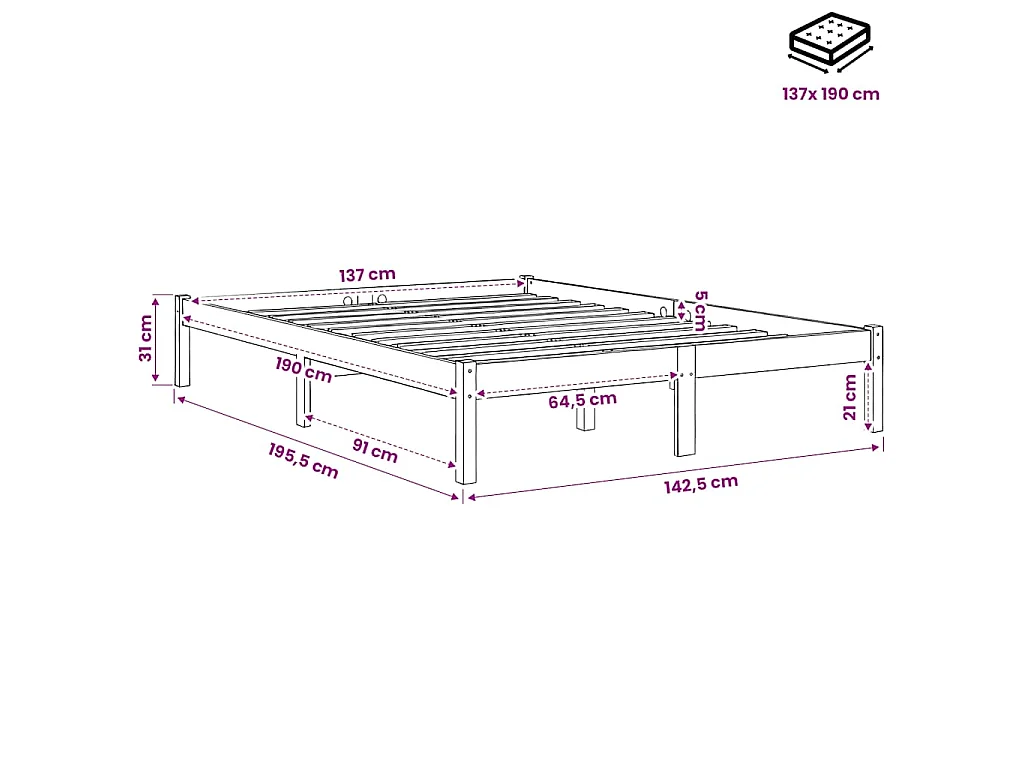Cadre de lit sans matelas 137x190 cm bois massif de pin