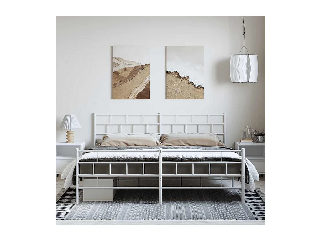 Cadre de lit métal sans matelas et pied de lit blanc 183x213 cm