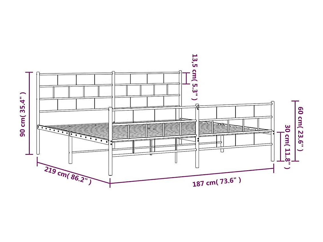 Cadre de lit métal sans matelas et pied de lit blanc 183x213 cm