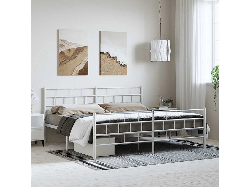 Cadre de lit métal sans matelas et pied de lit blanc 183x213 cm