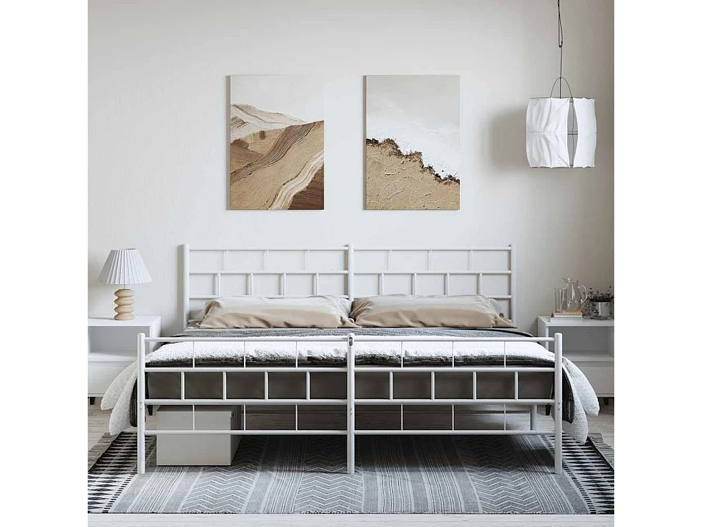 Cadre de lit métal sans matelas et pied de lit blanc 183x213 cm