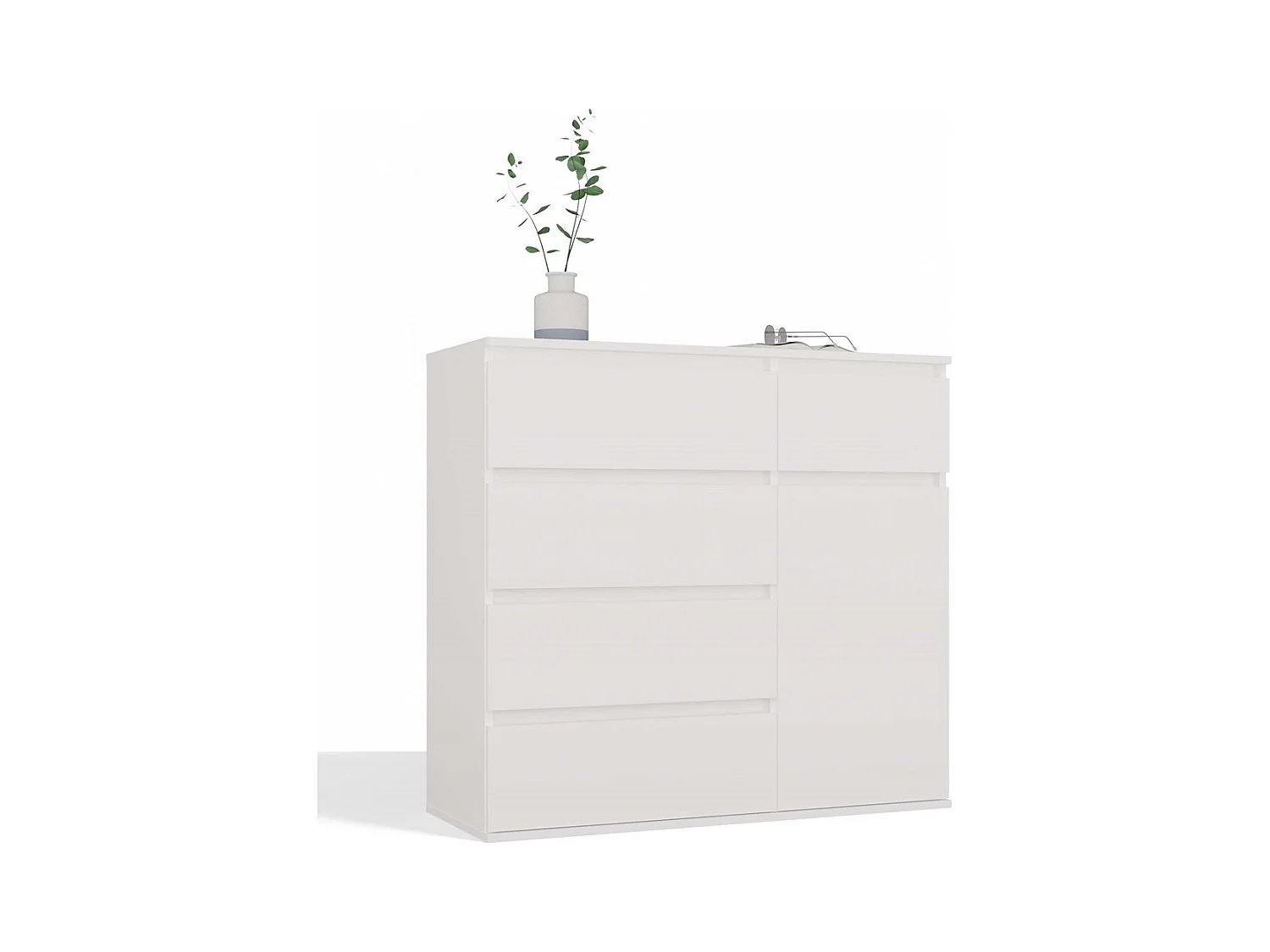 DUNE - Commode 1 porte, 5 tiroirs pour salon, chambre ou enfant blanc mat