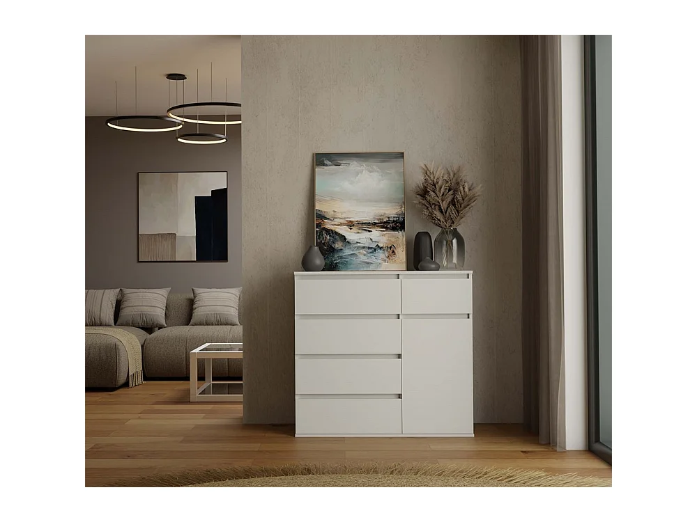 DUNE - Commode 1 porte, 5 tiroirs pour salon, chambre ou enfant blanc mat