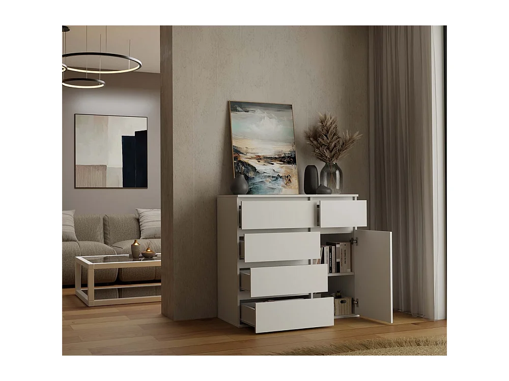 DUNE - Commode 1 porte, 5 tiroirs pour salon, chambre ou enfant blanc mat