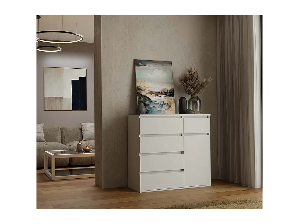 DUNE - Commode 1 porte, 5 tiroirs pour salon, chambre ou enfant blanc mat