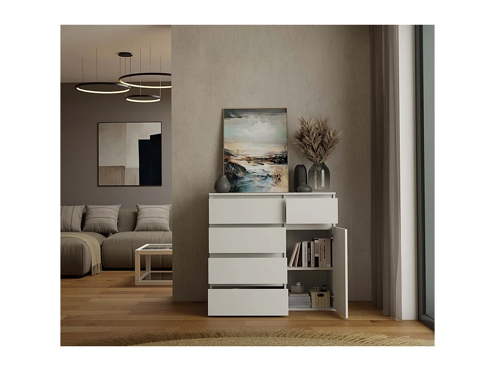 DUNE - Commode 1 porte, 5 tiroirs pour salon, chambre ou enfant blanc mat