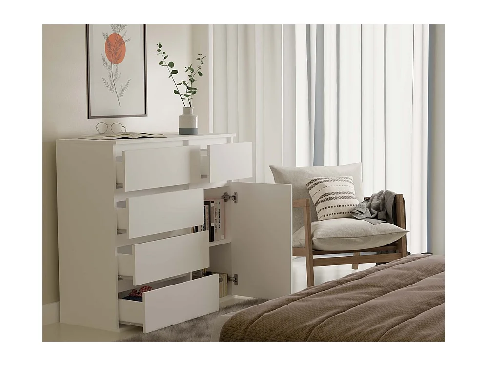 DUNE - Commode 1 porte, 5 tiroirs pour salon, chambre ou enfant blanc mat