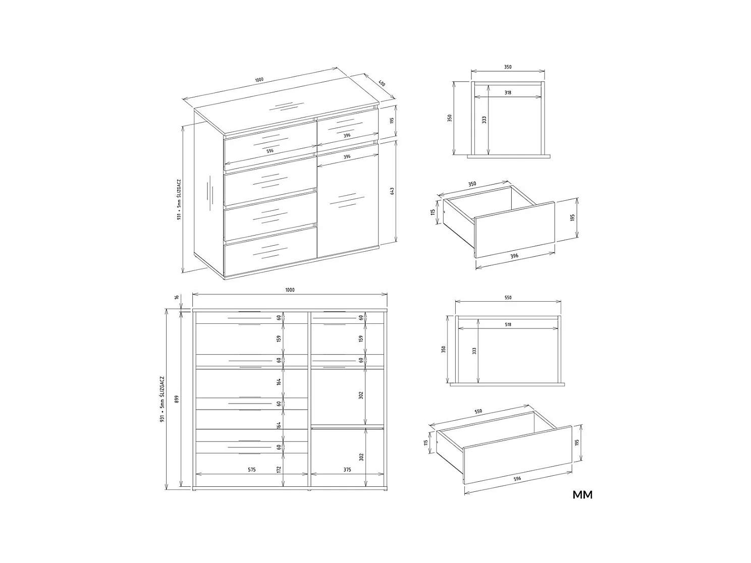 DUNE - Commode 1 porte, 5 tiroirs pour salon, chambre ou enfant blanc mat