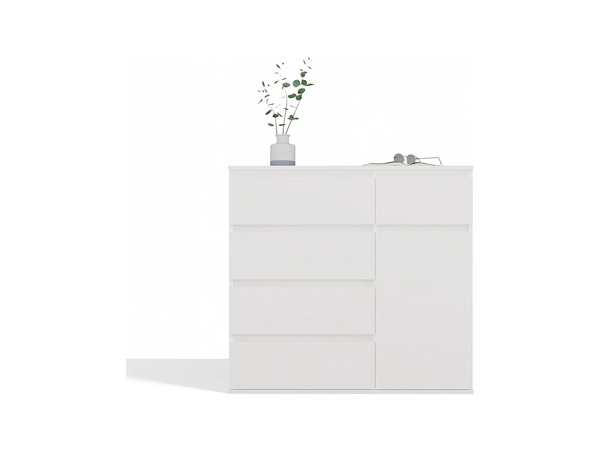 DUNE - Commode 1 porte, 5 tiroirs pour salon, chambre ou enfant blanc mat