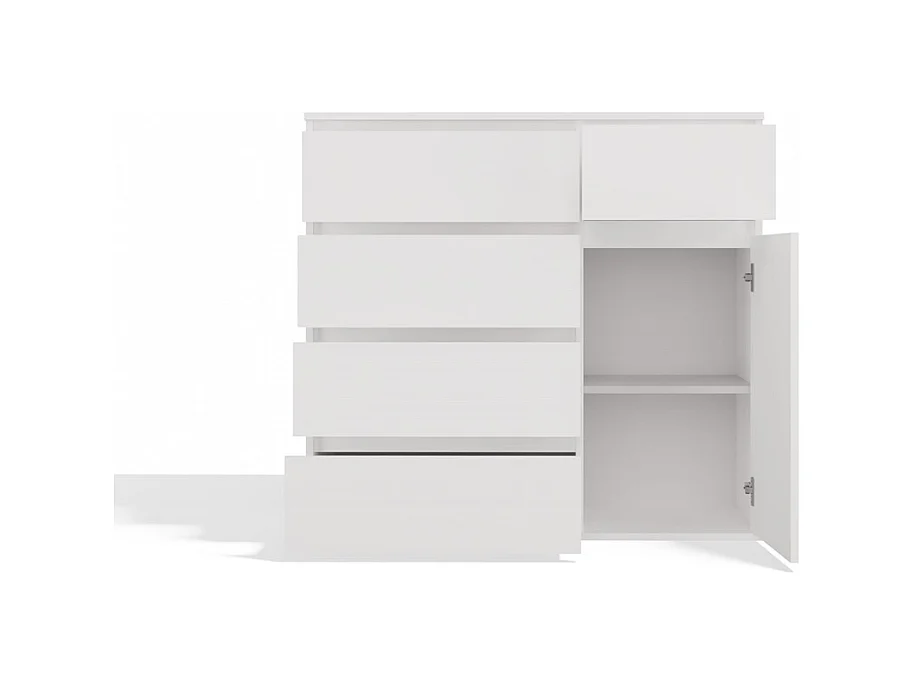 DUNE - Commode 1 porte, 5 tiroirs pour salon, chambre ou enfant blanc mat