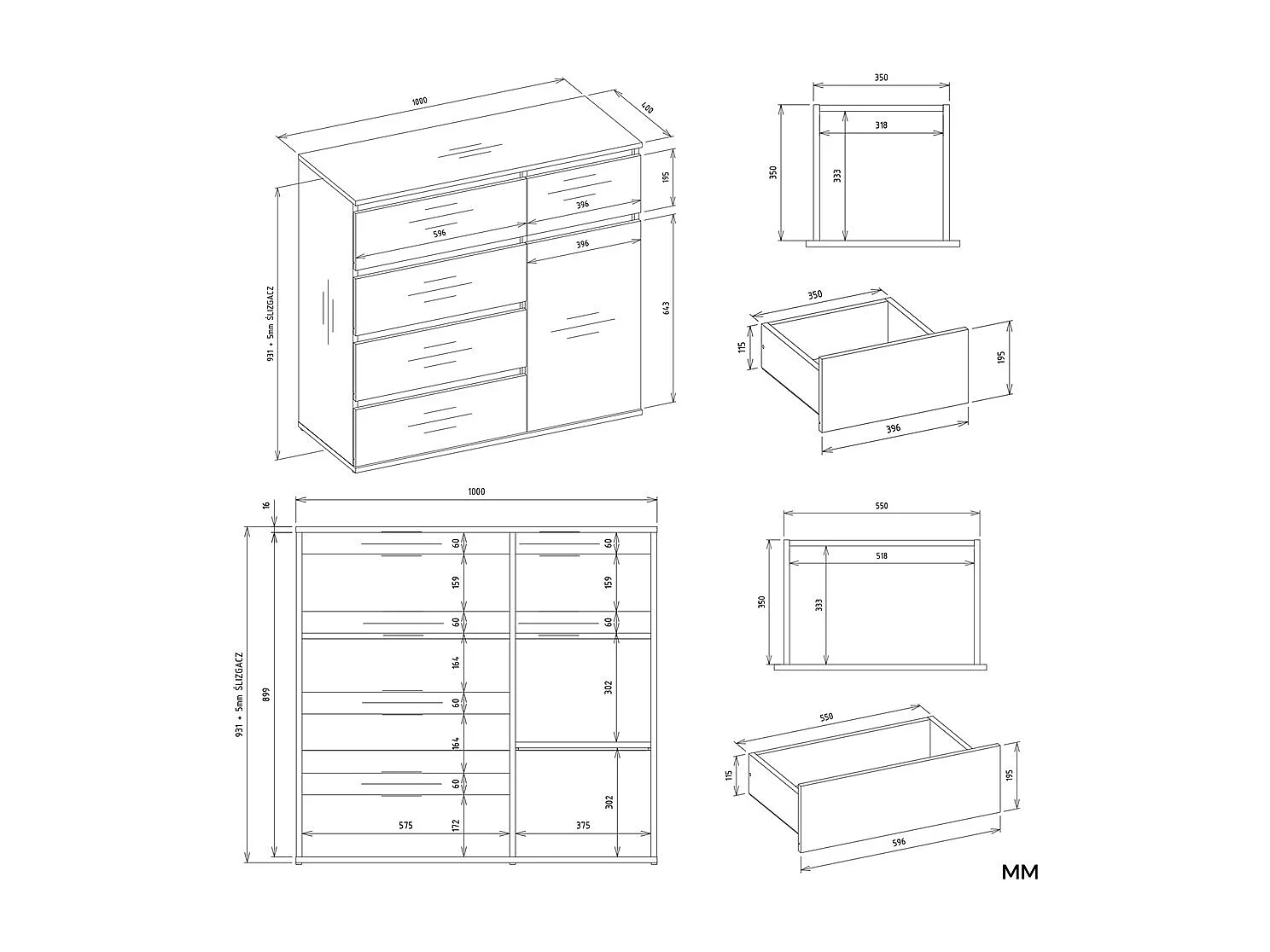 Komoda Malwa 1D5S | Biała | 100x40x93 cm | 5 Szuflad, 1 Drzwi