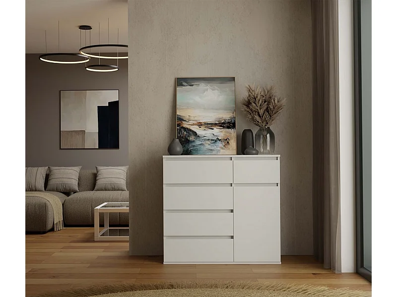 DUNE - Credenza 1 anta, 5 cassetti - per soggiorno, camera o cameretta - bianco opaco