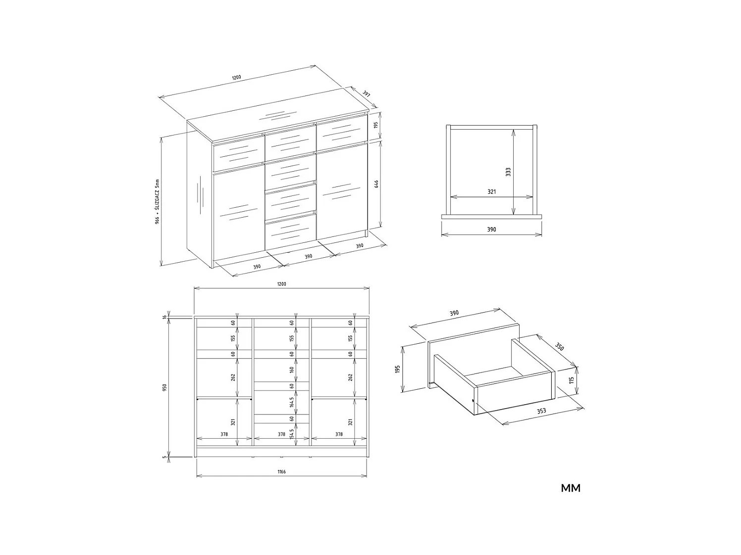 MALWA - Cómoda con 6 cajones y 2 puertas - 100x120x40 - dormitorio/oficina/salón