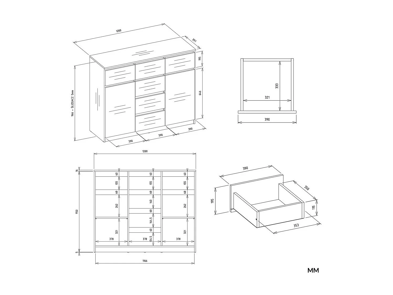 Komoda Malwa 2D6S | Kaszmir | 120x40x96,5 cm | 2 Drzwi, 6 Szuflad