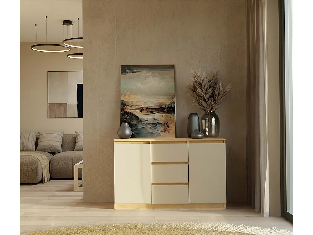 CAZAR - Commode 2 portes + 3 tiroirs - Dimensions : 75x120x40 - Buffet, rangement - Chêne Artisan et Cachemire