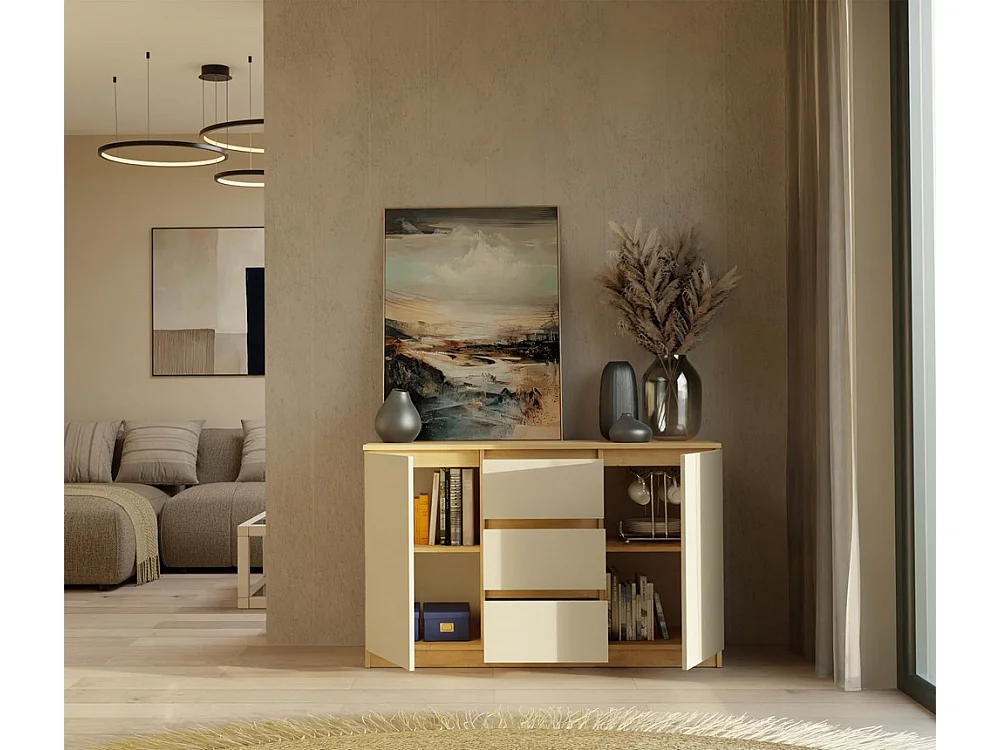 CAZAR - Commode 2 portes + 3 tiroirs - Dimensions : 75x120x40 - Buffet, rangement - Chêne Artisan et Cachemire