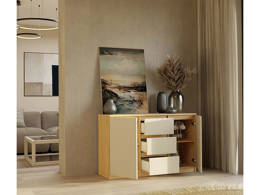 CAZAR - Commode 2 portes + 3 tiroirs - Dimensions : 75x120x40 - Buffet, rangement - Chêne Artisan et Cachemire