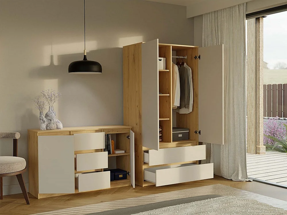 CAZAR - Commode 2 portes + 3 tiroirs - Dimensions : 75x120x40 - Buffet, rangement - Chêne Artisan et Cachemire