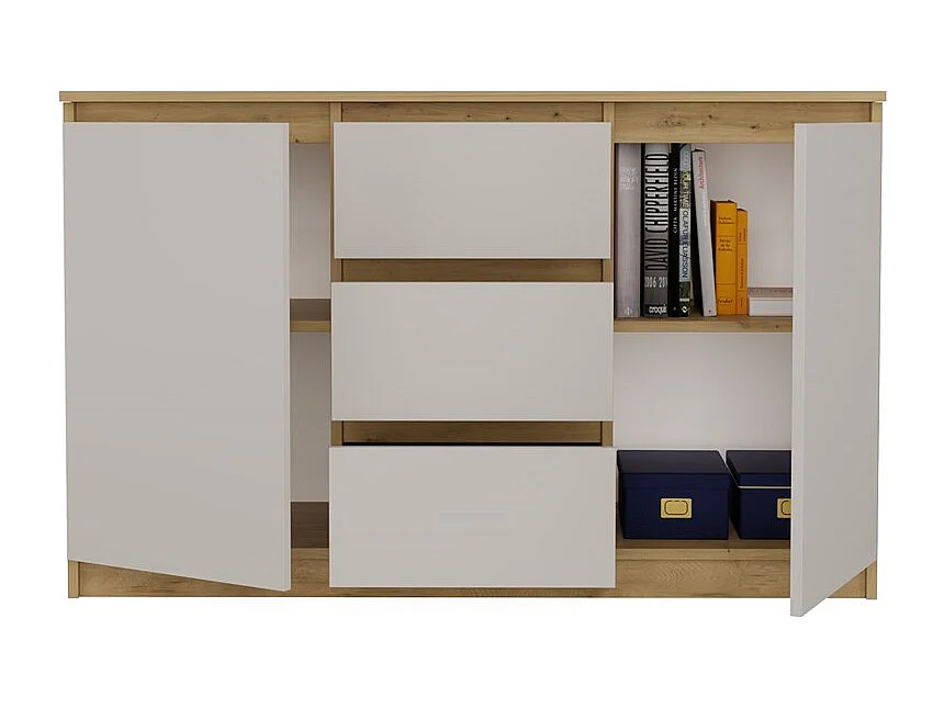 CAZAR - Commode 2 portes + 3 tiroirs - Dimensions : 75x120x40 - Buffet, rangement - Chêne Artisan et Cachemire