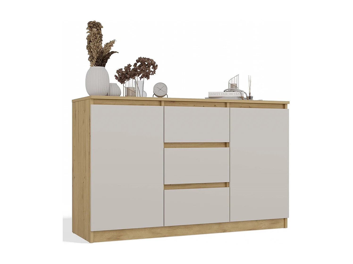 CAZAR - Commode 2 portes + 3 tiroirs - Dimensions : 75x120x40 - Buffet, rangement - Chêne Artisan et Cachemire