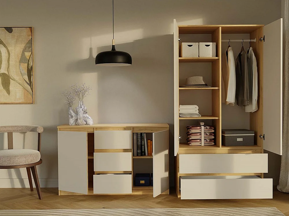 CAZAR - Commode 2 portes + 3 tiroirs - Dimensions : 75x120x40 - Buffet, rangement - Chêne Artisan et Cachemire