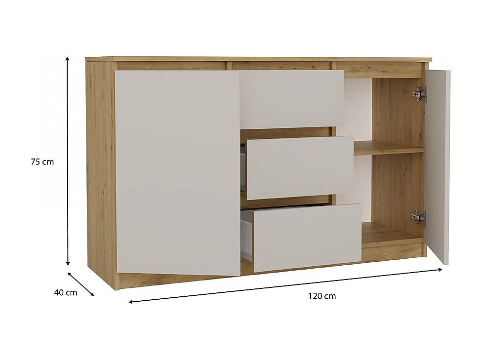 CAZAR - Commode 2 portes + 3 tiroirs - Dimensions : 75x120x40 - Buffet, rangement - Chêne Artisan et Cachemire
