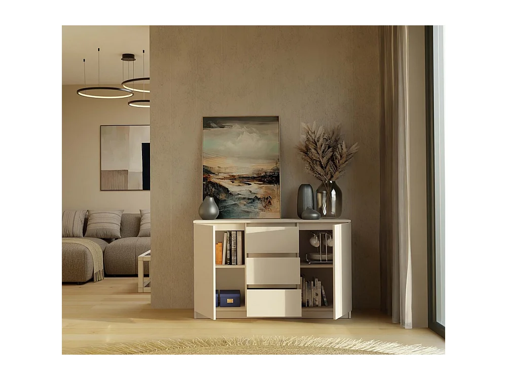 CAZAR - Commode 2 portes + 3 tiroirs - Dimensions : 75x120x40 - Buffet, rangement - Beige