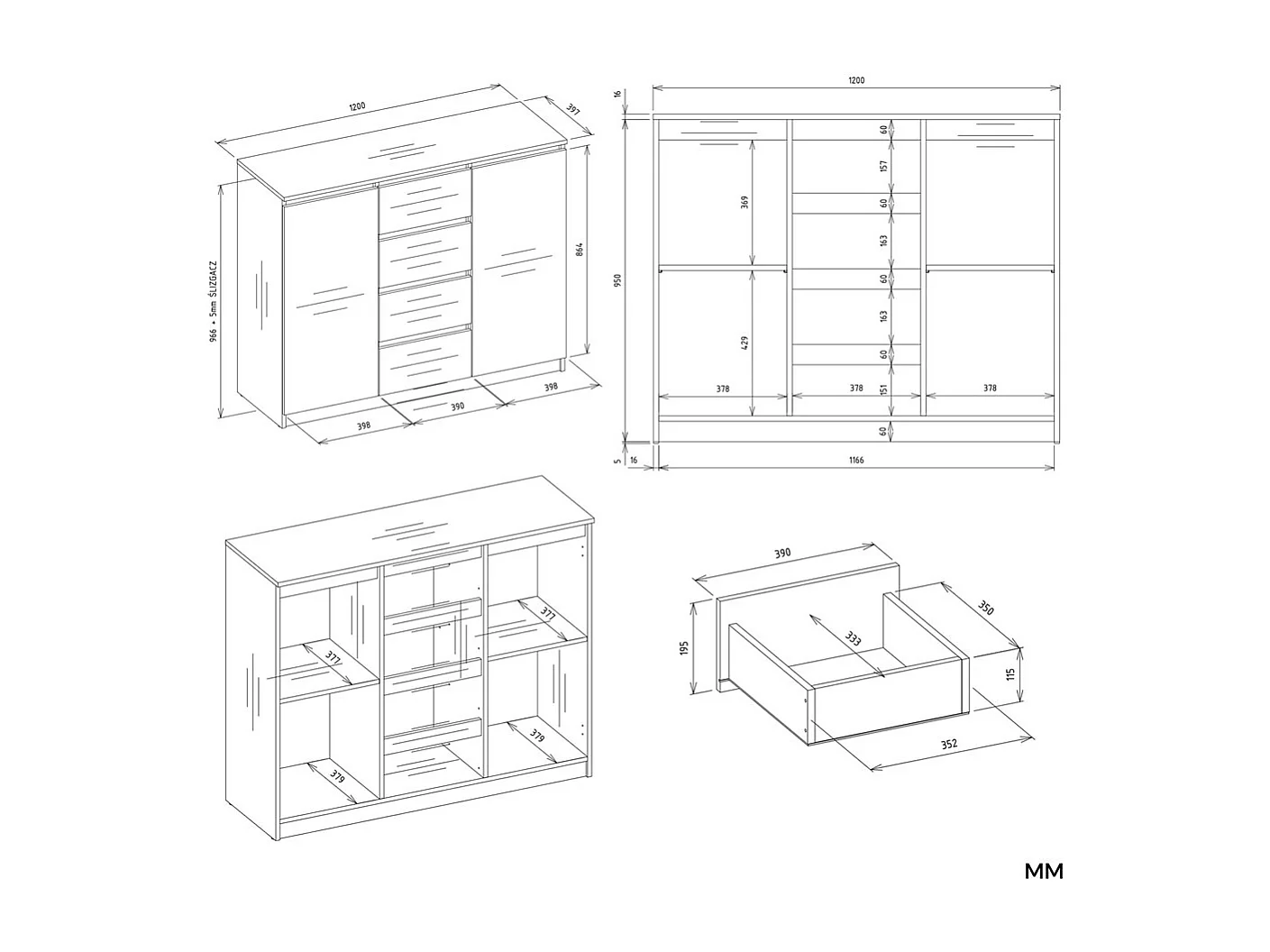 PARME - Cassettiera da soggiorno - 2 ante + 4 cassetti - 120x40x97 - Beige