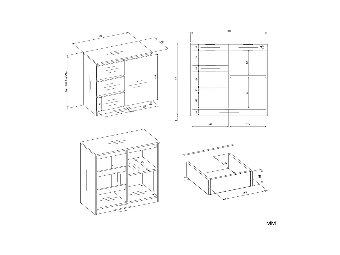 DUNJA - Cómoda 1 puerta 3 cajones para salón o dormitorio, color beige