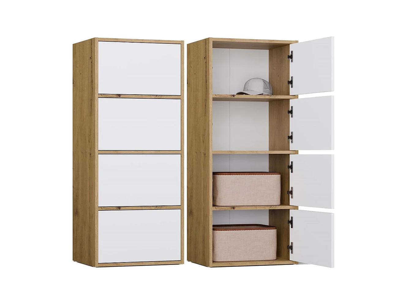 ALMA - Commode haute de rangement 4 portes avec ouverture tip-on - Artisan et Blanc