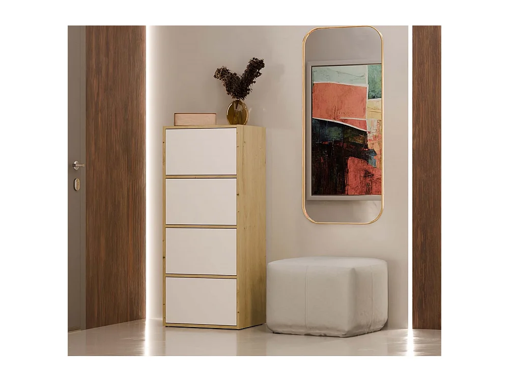 ALMA - Commode haute de rangement 4 portes avec ouverture tip-on - Artisan et Blanc