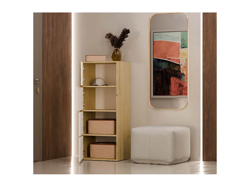 ALMA - Commode haute de rangement 4 portes avec ouverture tip-on - Artisan et Blanc