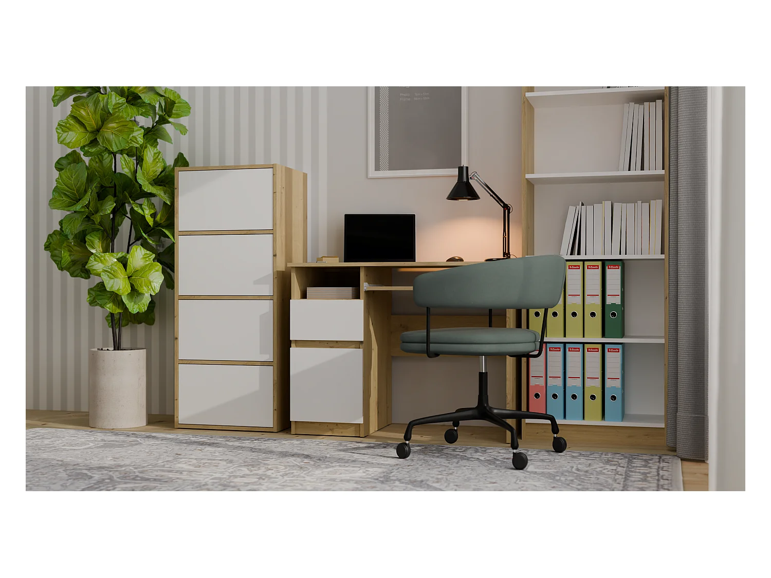 ALMA - Commode haute de rangement 4 portes avec ouverture tip-on - Artisan et Blanc