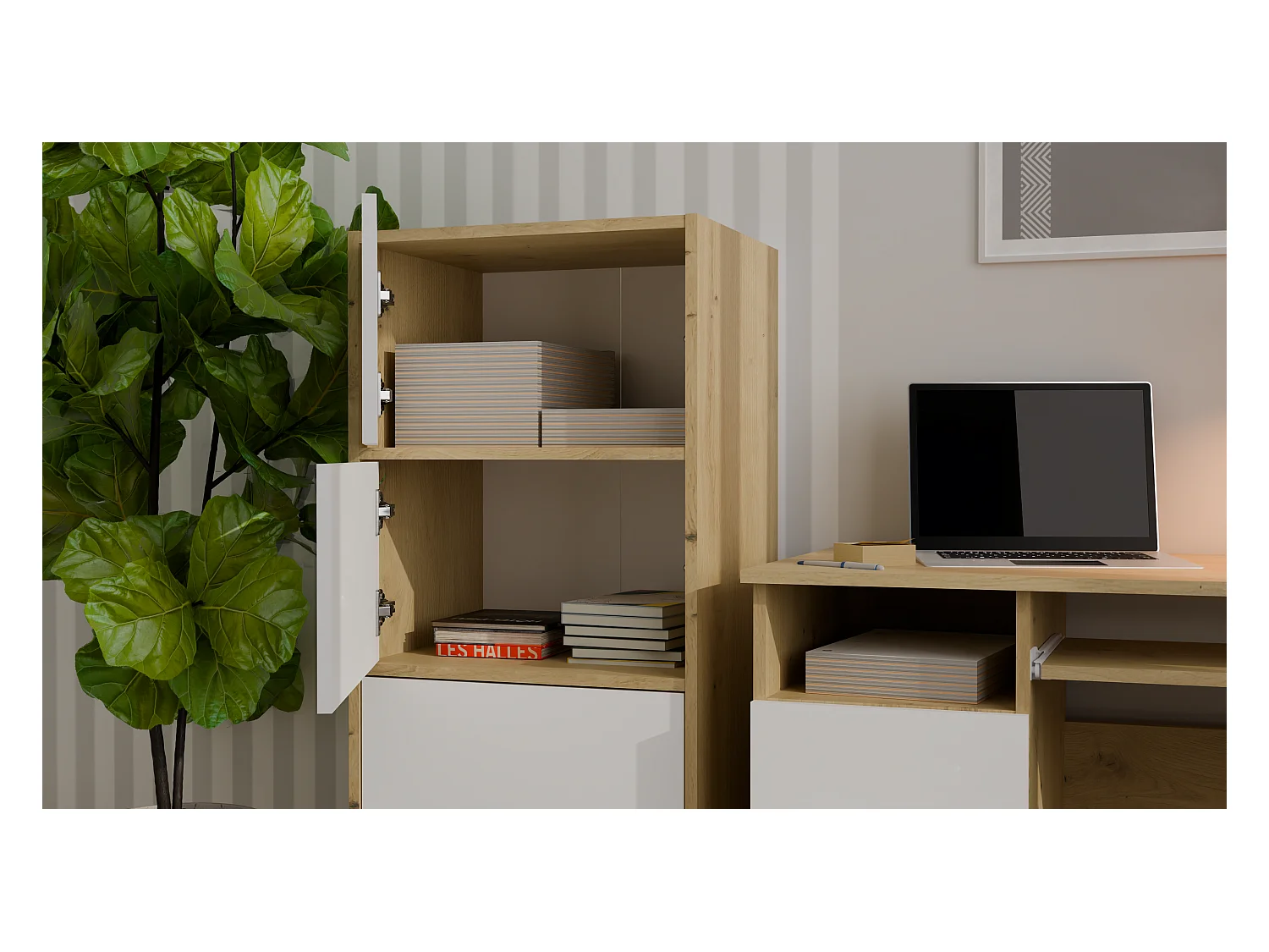 ALMA - Commode haute de rangement 4 portes avec ouverture tip-on - Artisan et Blanc