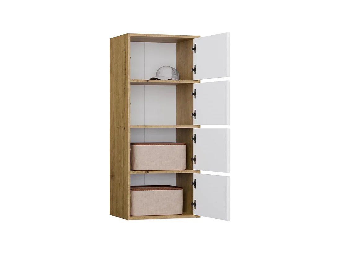ALMA - Commode haute de rangement 4 portes avec ouverture tip-on - Artisan et Blanc