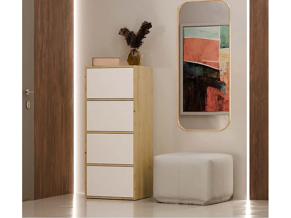 ALMA - Commode  - 4 portes pour chambre à coucher - 50x119x40 cm - Chêne Artisan / Blanc